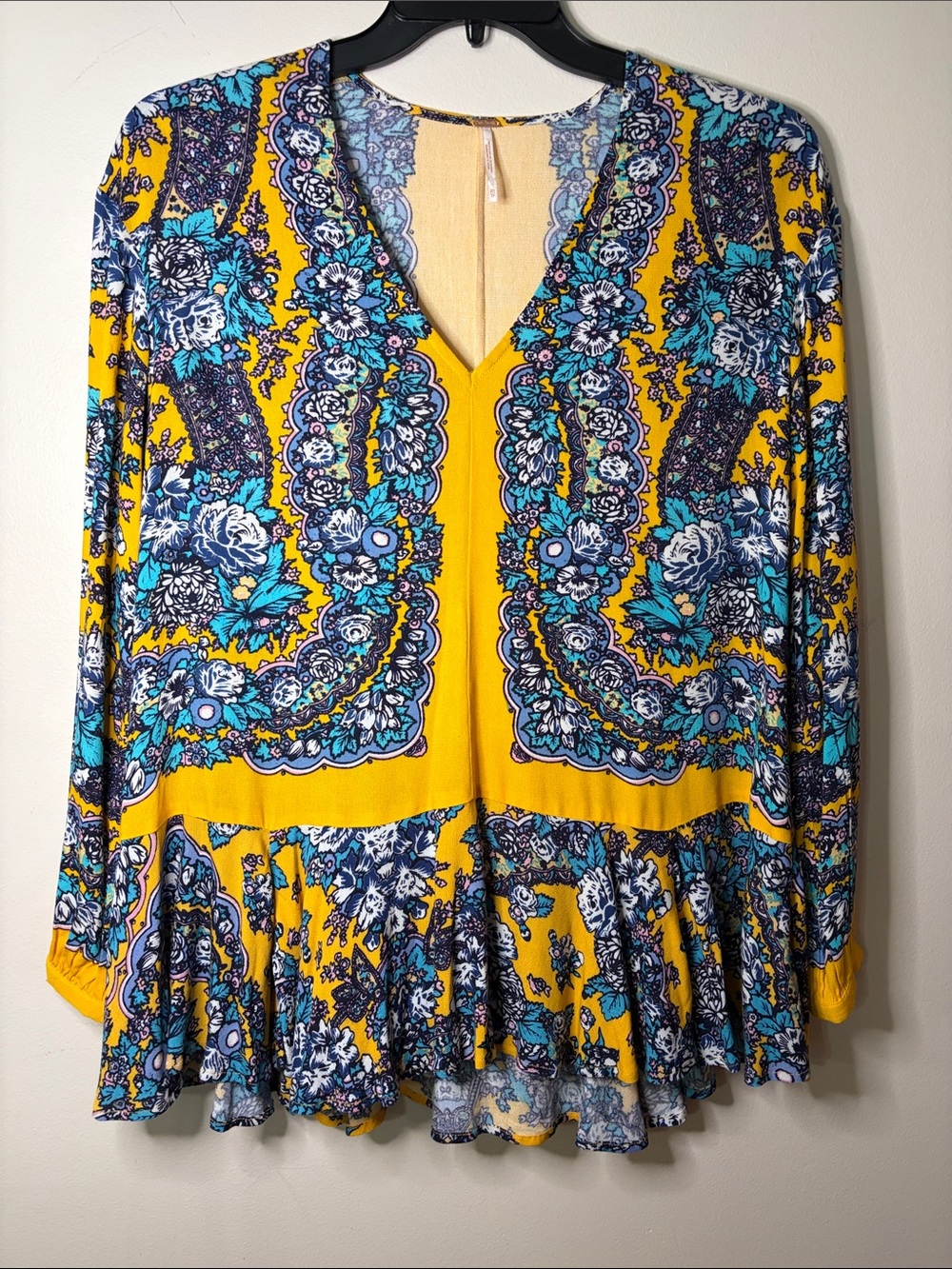 Free People Boho Yellow and Blue Paisley Peplum Top - Picture 2 of 5
